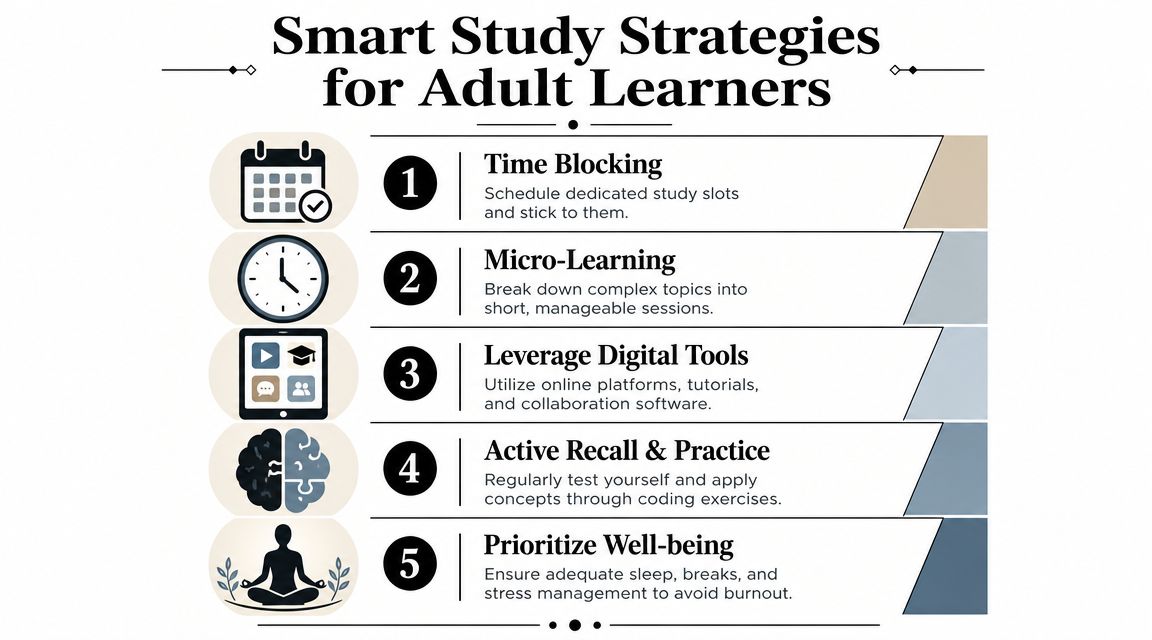 An infographic titled Smart Study Strategies for Adult Learners listing five effective techniques for studying.