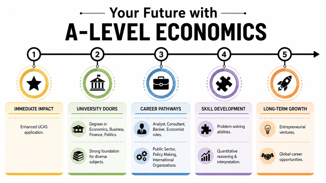 A flowchart infographic outlining five benefits and career outcomes of studying A-Level Economics for students.