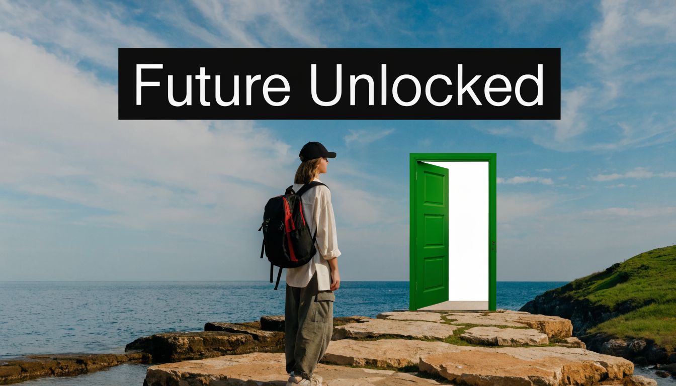 A student standing on a rocky shore looking at an open door standing on the horizon.