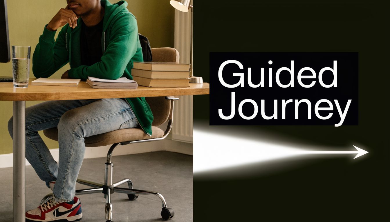 A student wearing a green hoodie sitting at a desk with books and a glass of water.