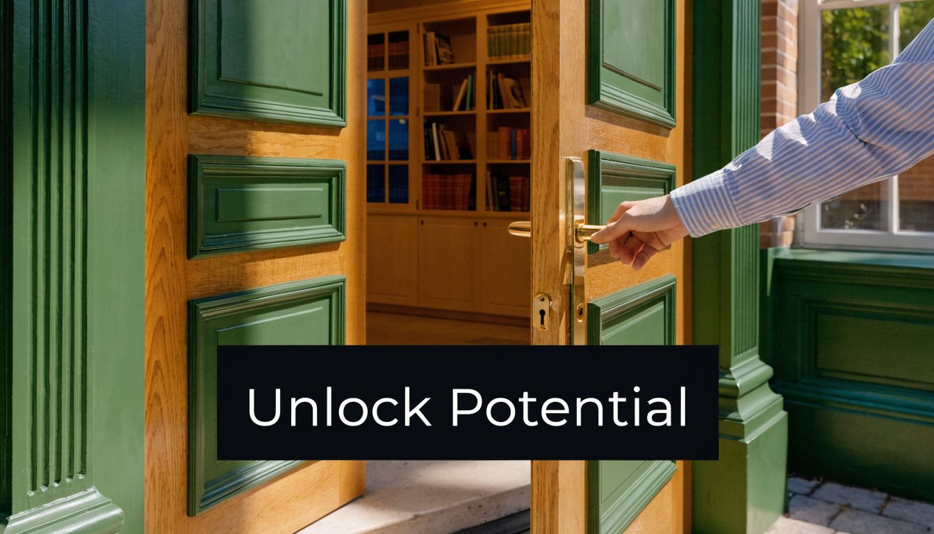 A hand opening a wooden door into a library, symbolizing unlocking potential and academic opportunity.