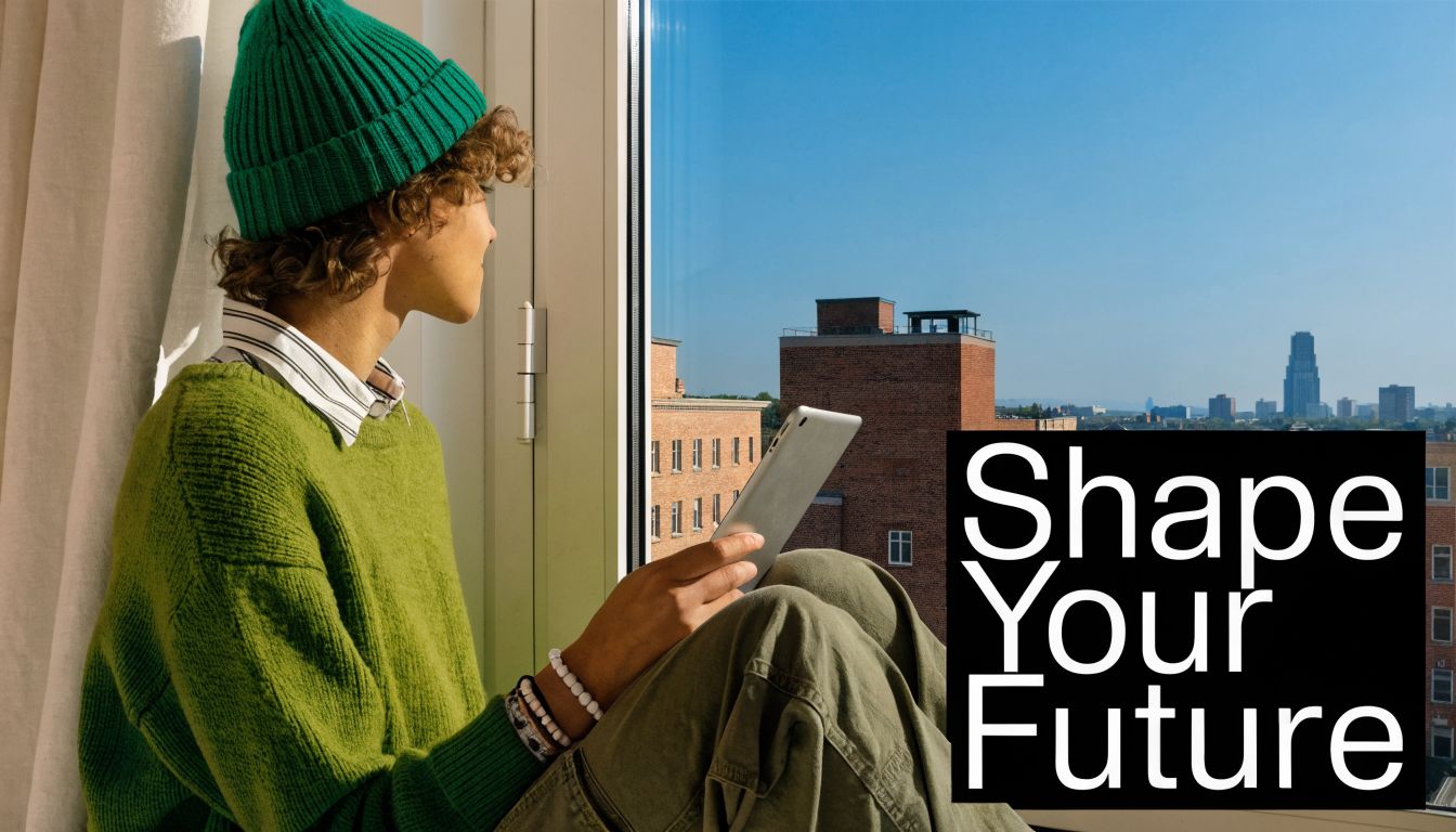 A person wearing a green beanie sits by a window looking out at a city skyline.
