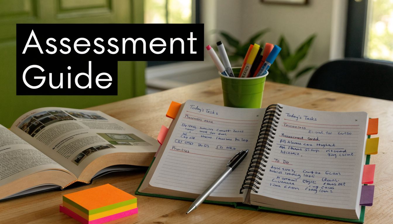 A wooden desk featuring an open textbook, a spiral planner with handwritten tasks, and colorful markers.