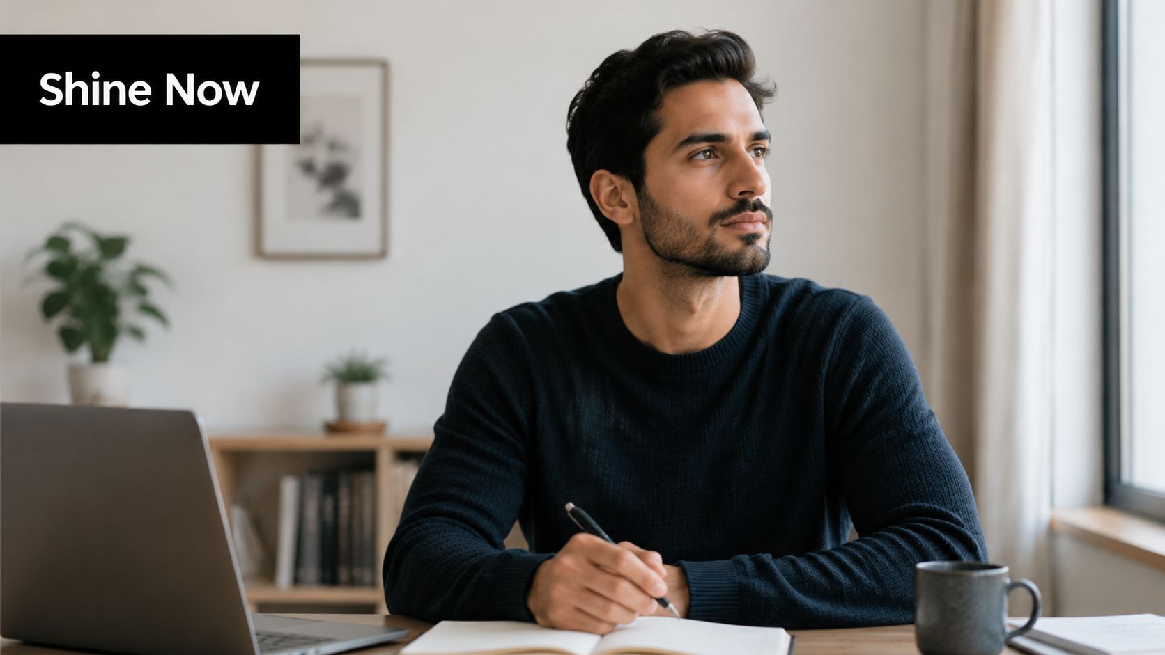 A focused man with a beard sitting at his desk writing in a notebook near his laptop.