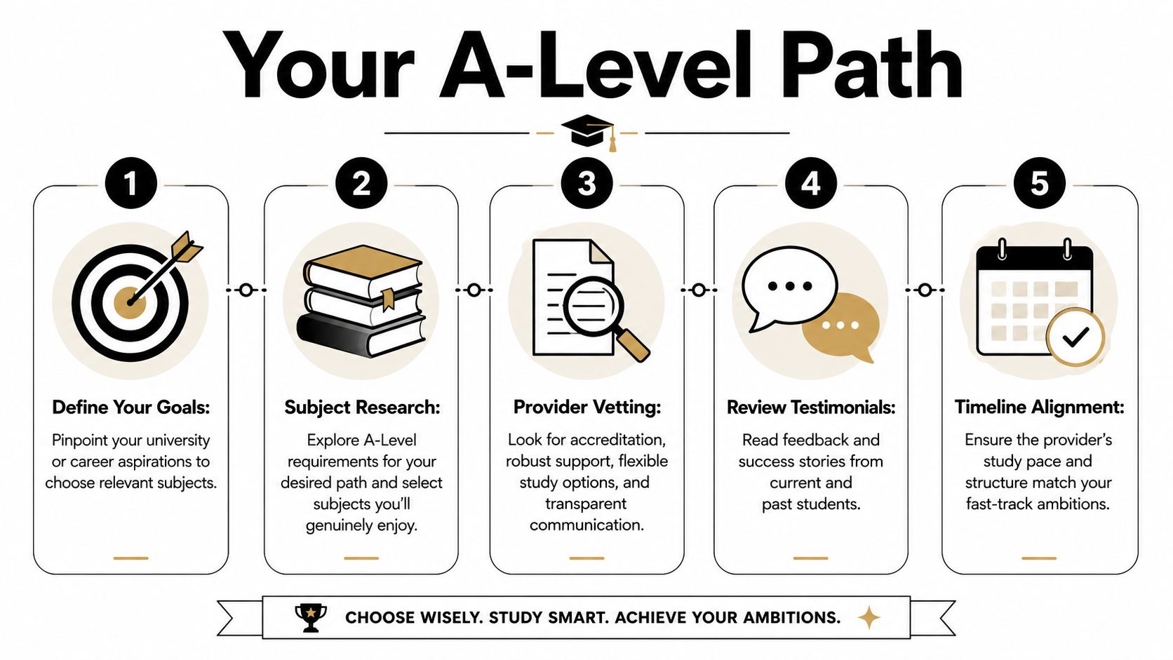 A five-step infographic guide explaining the process for planning an A-Level study path for students.
