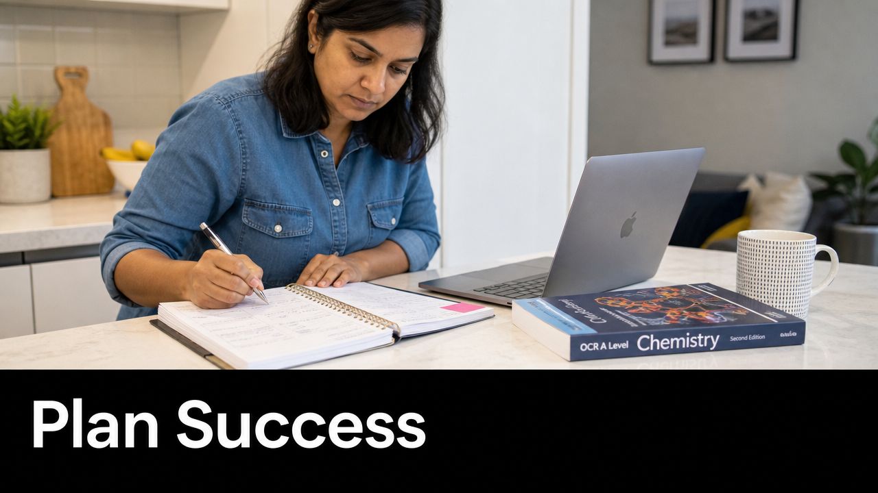 A woman studying with a laptop and chemistry textbook at a table in a bright kitchen.