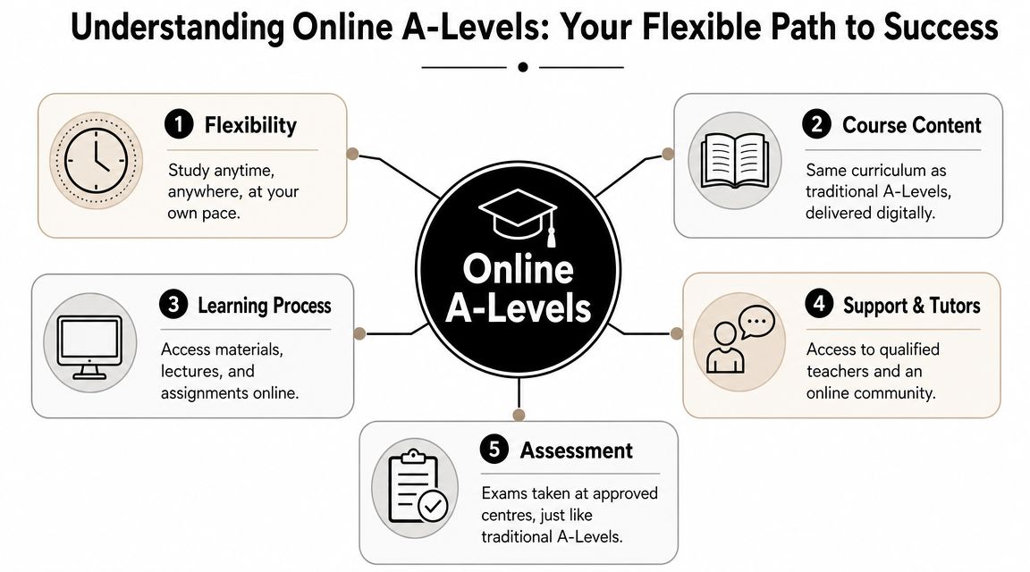 A diagram illustrating five key features of studying A-Levels online, highlighting flexibility and educational support.