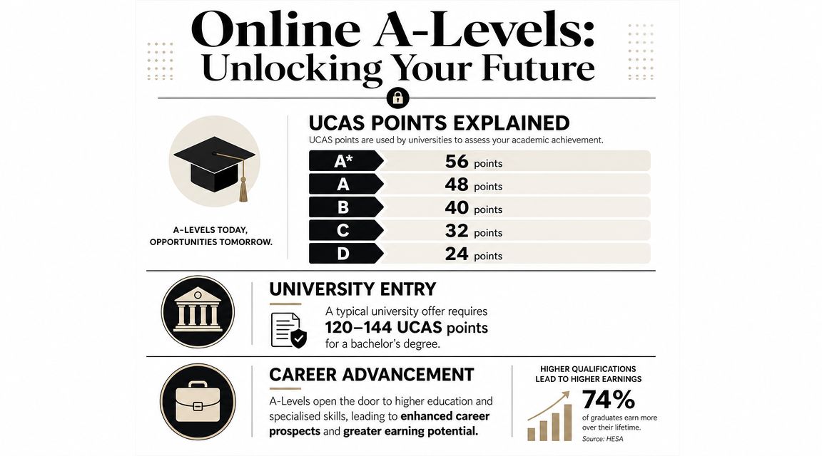 An infographic detailing UCAS points for A-Levels, university entry requirements, and the career benefits of higher education.