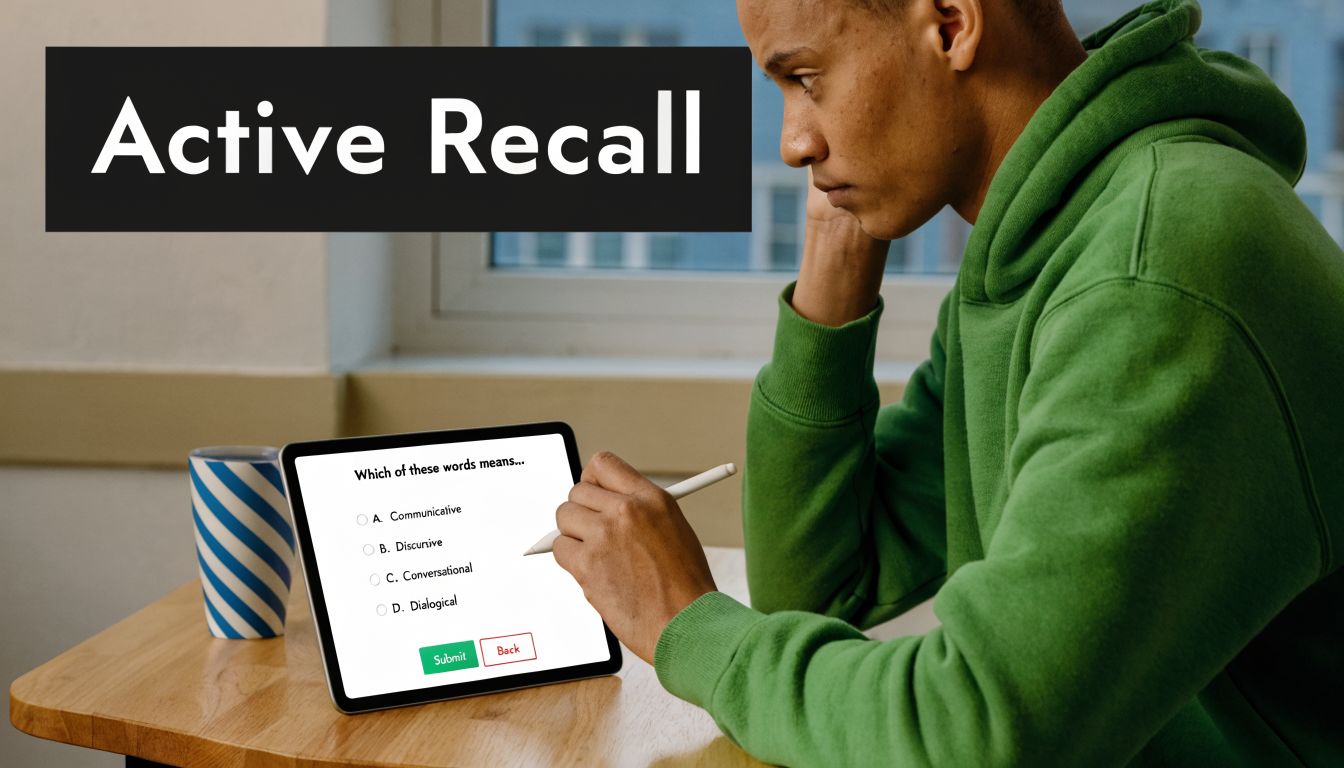 A student in a green hoodie using a tablet for active recall study with multiple choice questions.