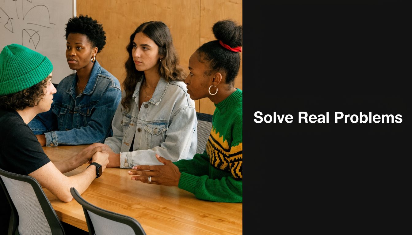A diverse group of four young adults engaged in a focused discussion around a wooden table.