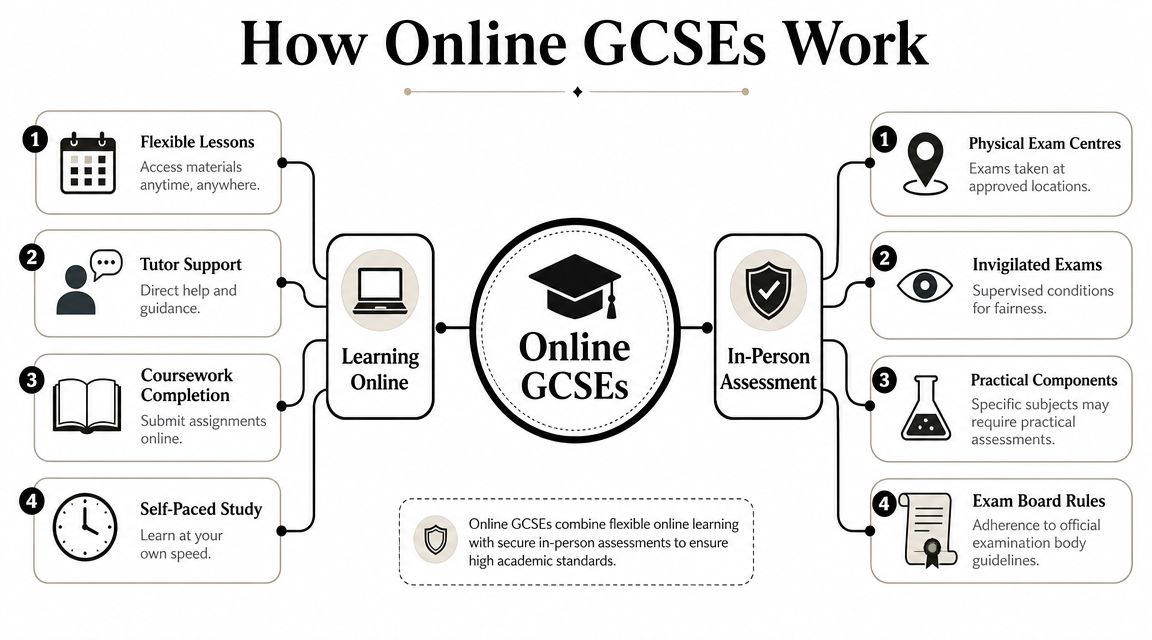 An infographic titled How Online GCSEs Work explaining the process of online learning and in-person assessments.