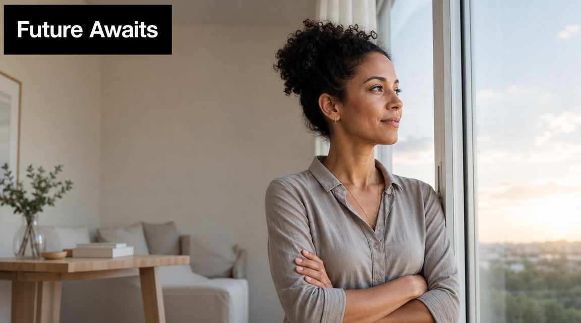 A pensive woman with curly hair standing with arms crossed, gazing thoughtfully out of a large window.
