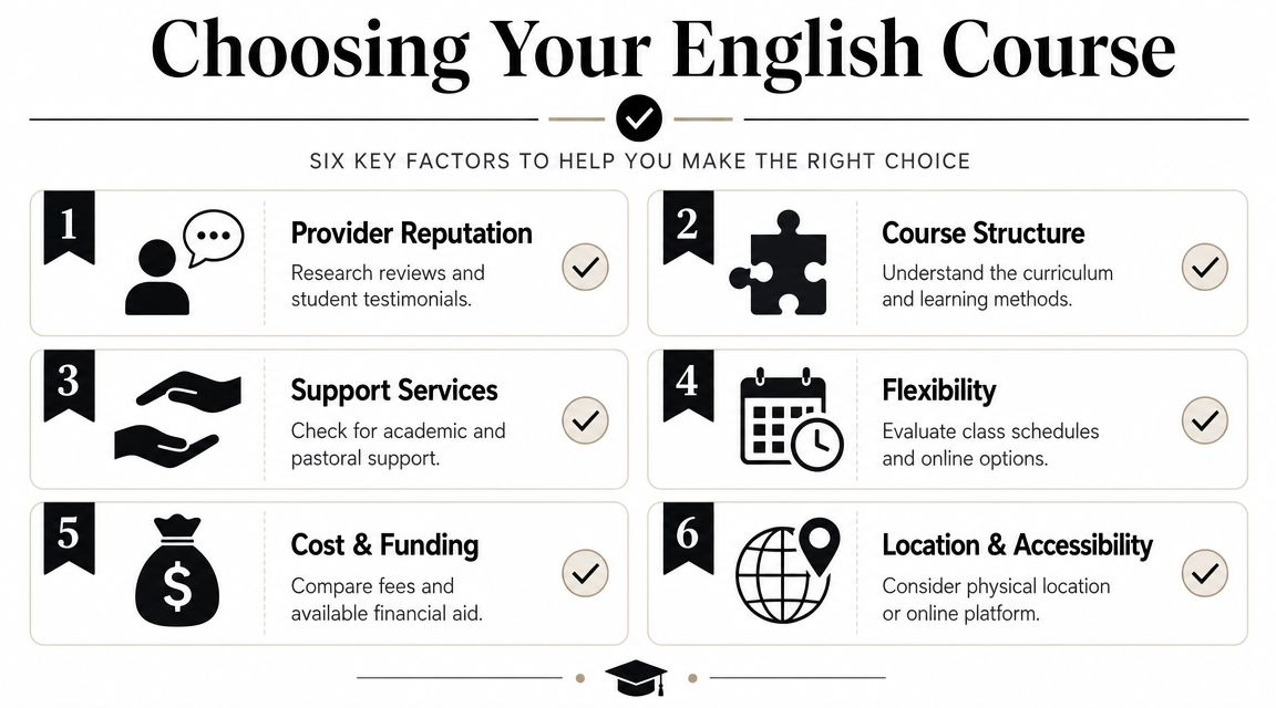 An infographic titled Choosing Your English Course highlighting six essential factors for students selecting a learning program.