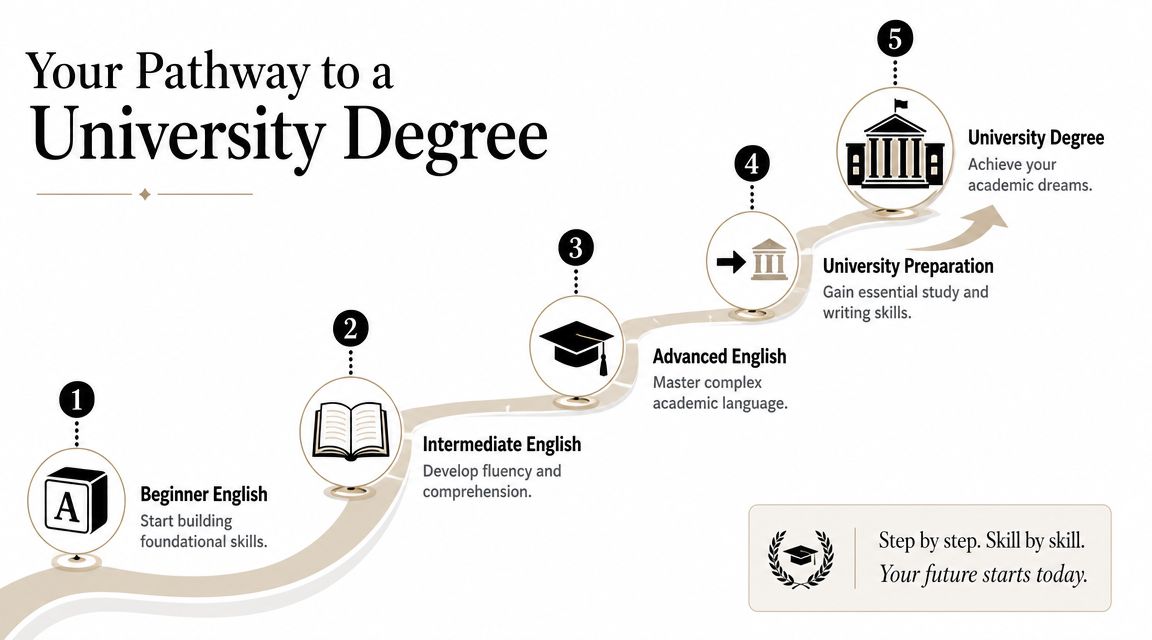 A pathway diagram showing five steps to achieve a university degree through learning English courses.