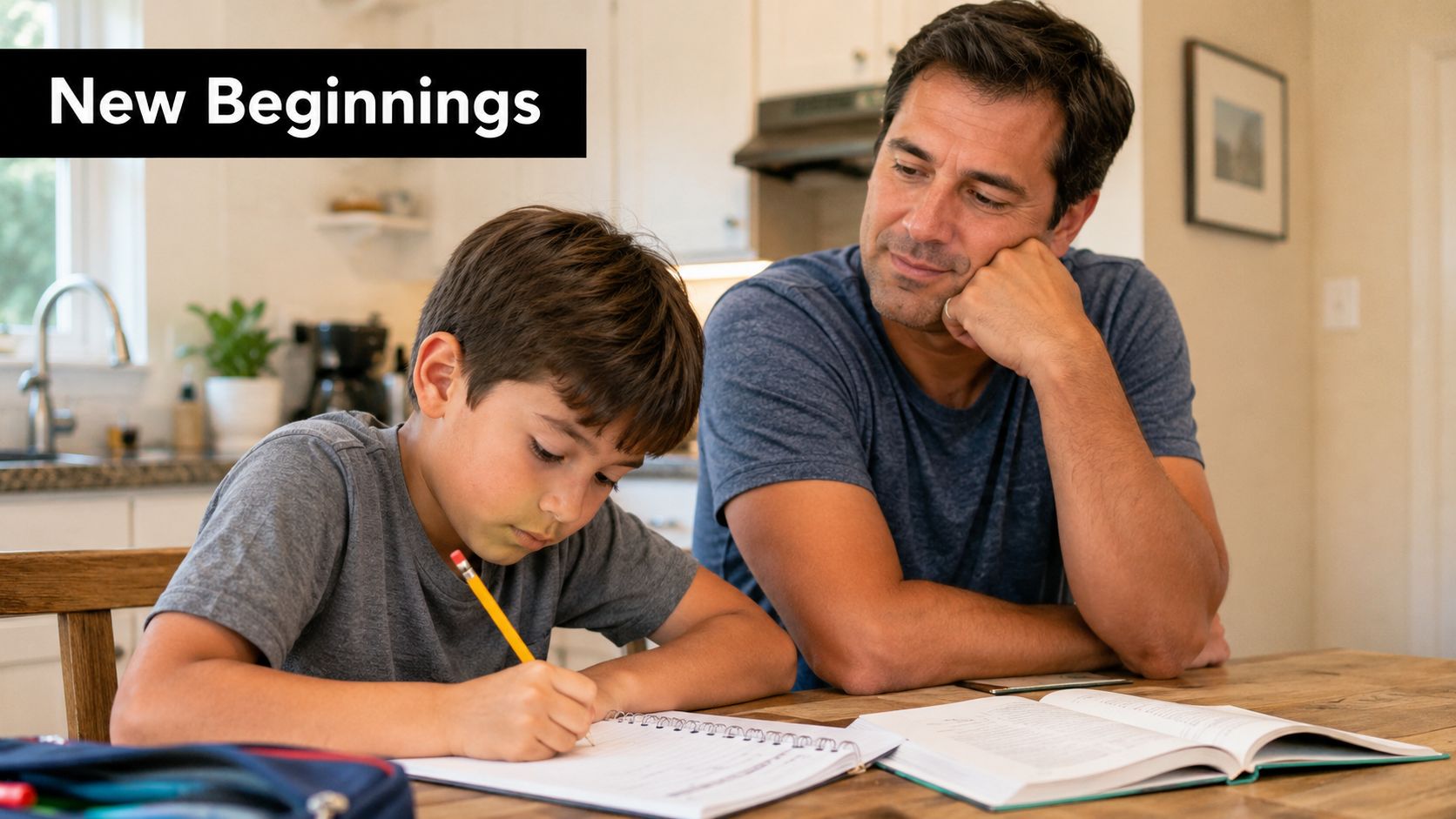 A father sits with his young son at a kitchen table while the boy does schoolwork.