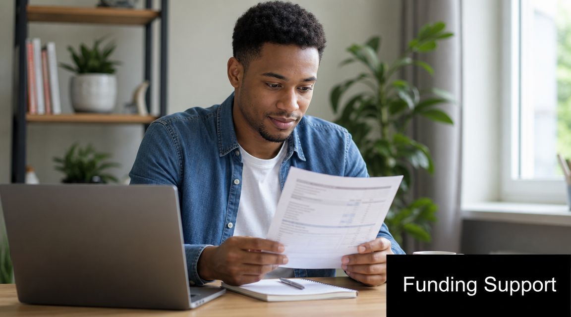A young man sitting at a desk with a laptop and documents while seeking funding support.