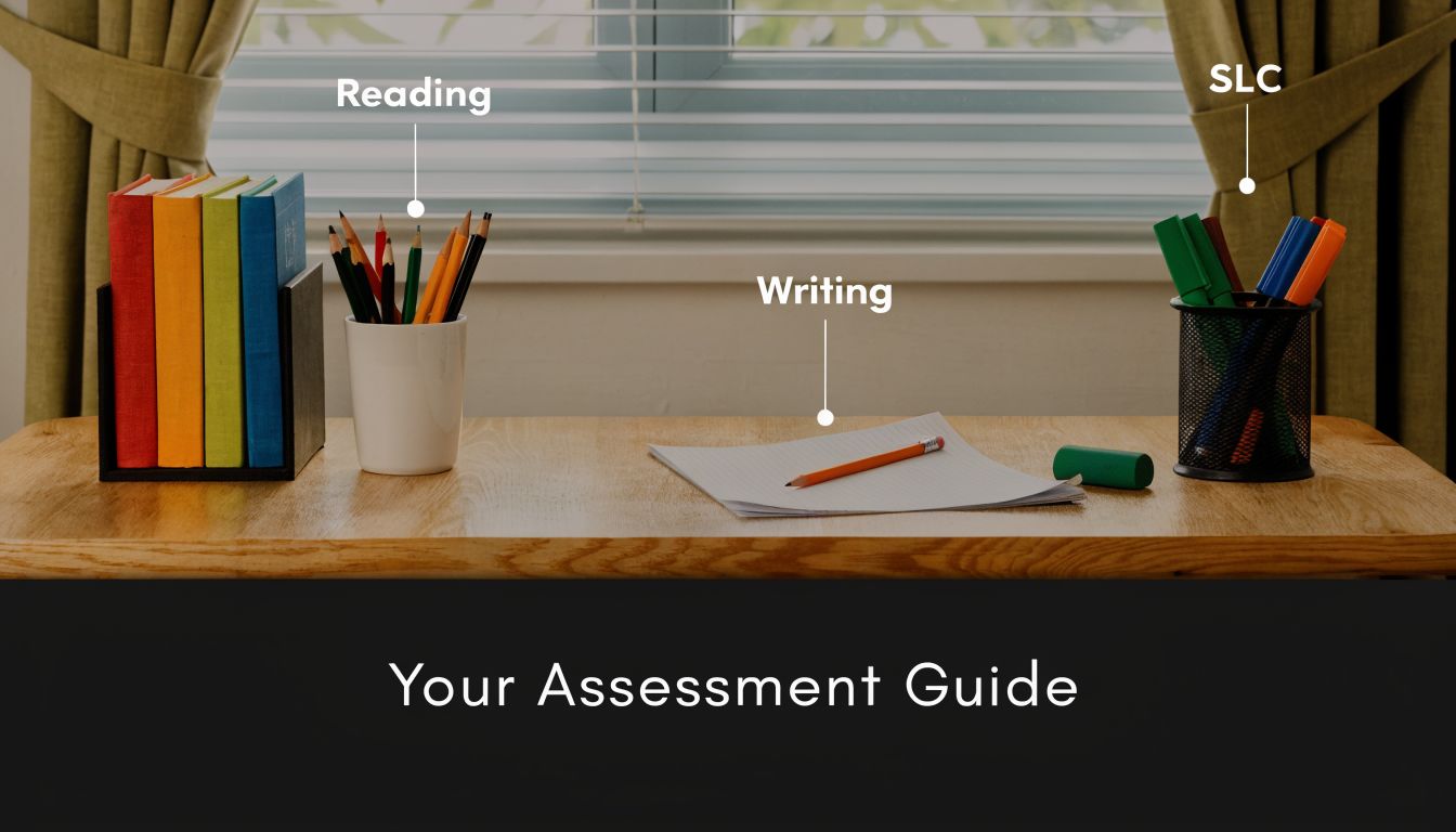 A wooden desk with a row of books, a pencil holder, and paper for a study assessment.