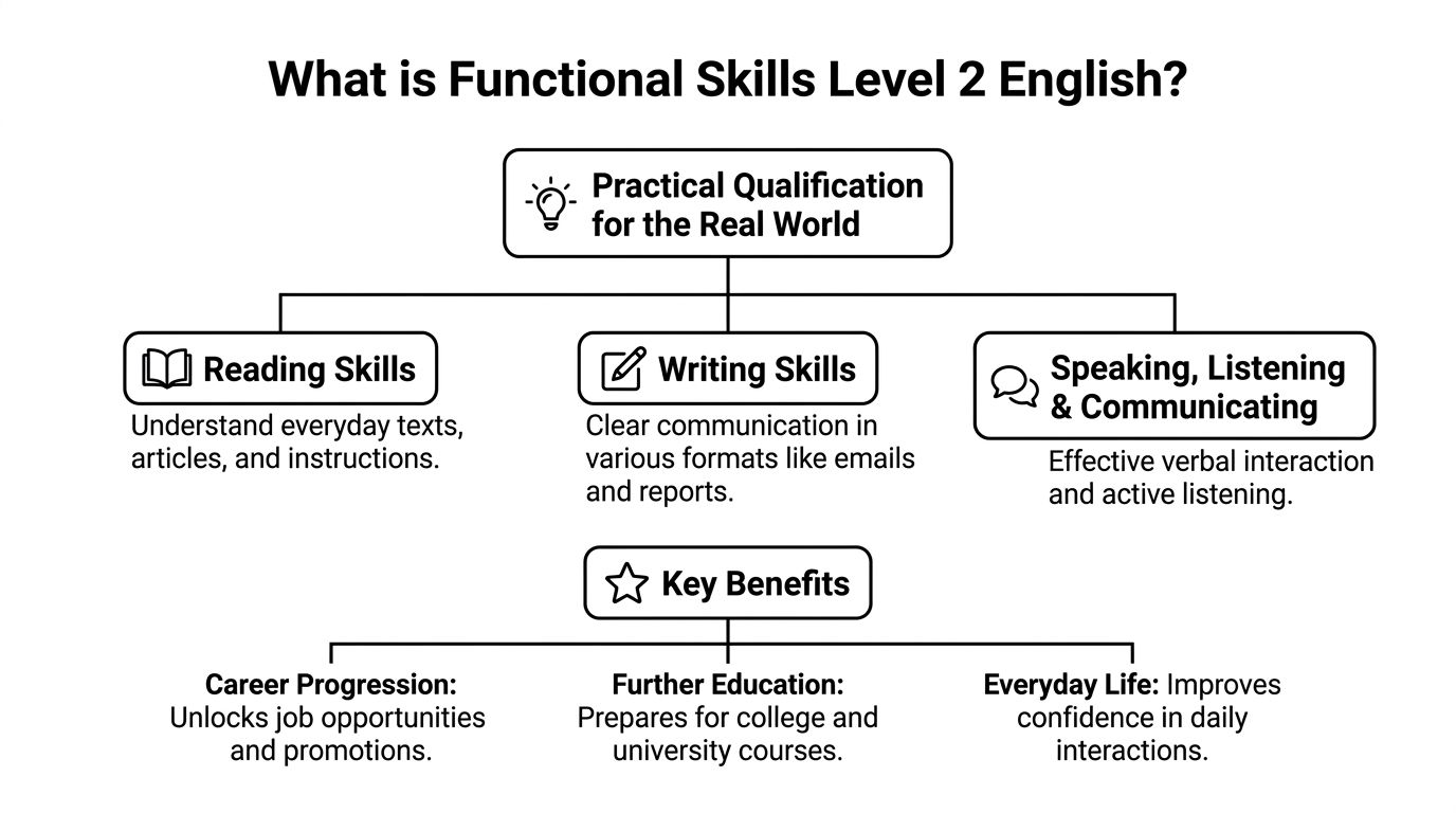 A diagram outlining Functional Skills Level 2 English, covering core reading, writing, speaking skills and key benefits.