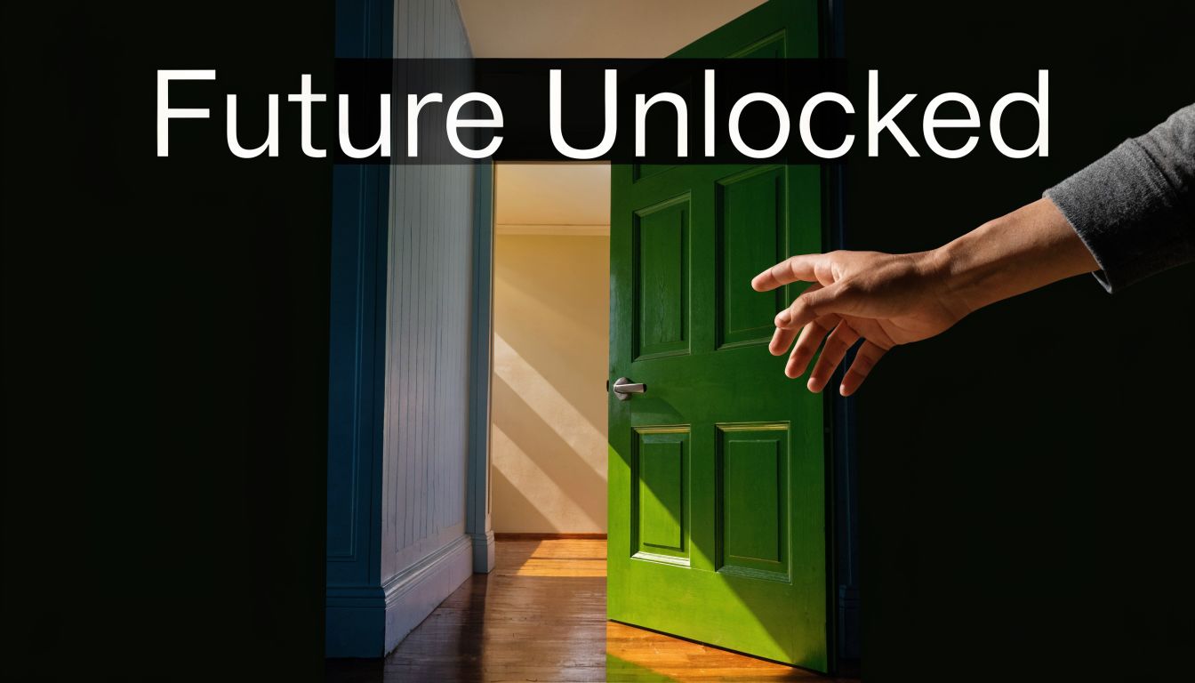 A hand reaches toward a green wooden door that is opening to reveal a sunlit room.