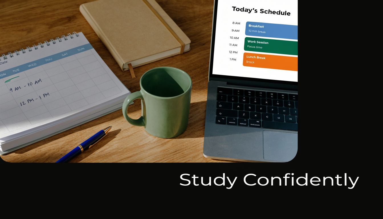 A organized wooden desk workspace featuring a laptop, a planner, a pen, and a coffee mug.