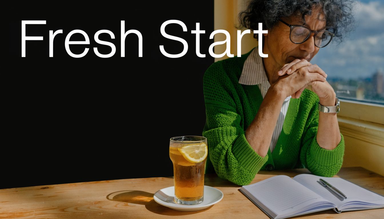 A woman with glasses thoughtfully looking at an open notebook while sitting at a wooden table.