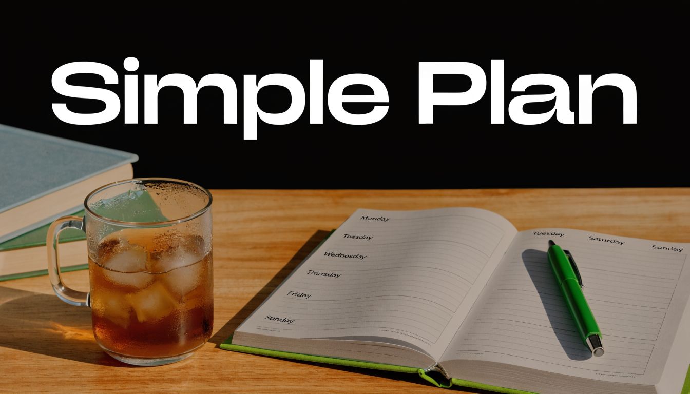 An open planner on a wooden desk next to a glass of iced tea and books.