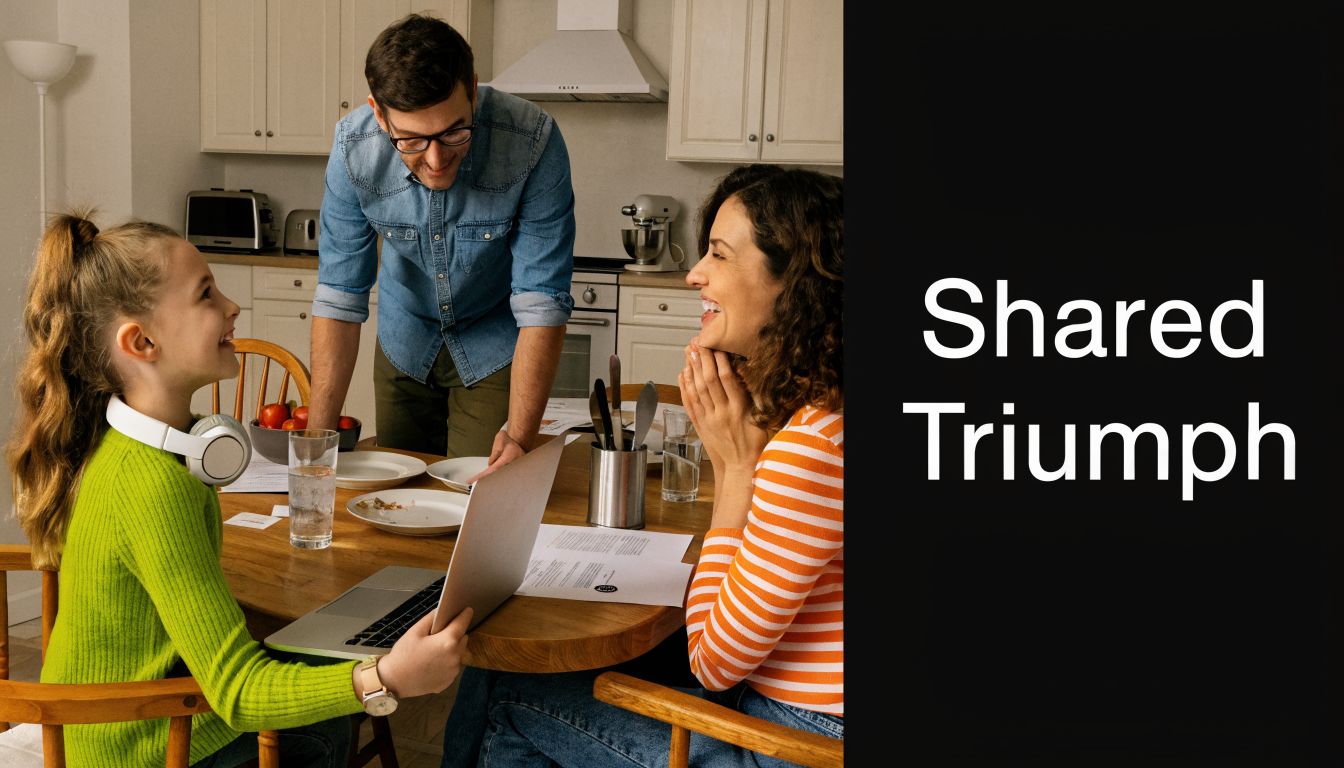A happy family studying together at a kitchen table while working on a functional skills test.