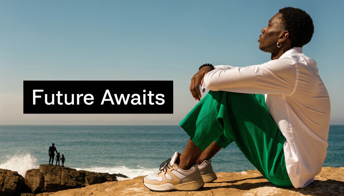 A man in a white shirt and green pants sits on a cliff overlooking the ocean with family.