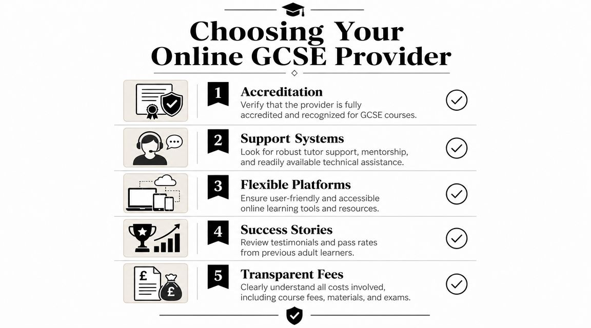 A helpful infographic listing five essential factors for choosing an online GCSE course provider for adult learners.