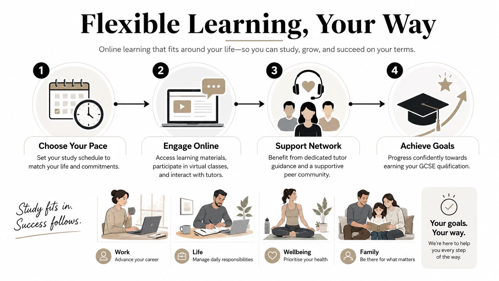 A four-step infographic illustrating flexible online GCSE learning paths that balance work, life, wellbeing, and family commitments.