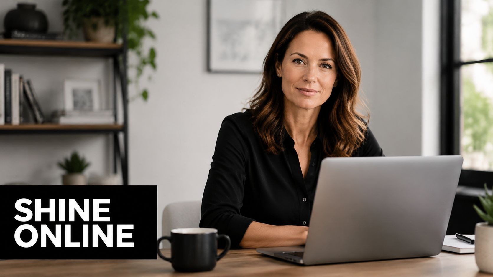 A professional woman working on a laptop at a desk with a coffee mug, representing online learning.