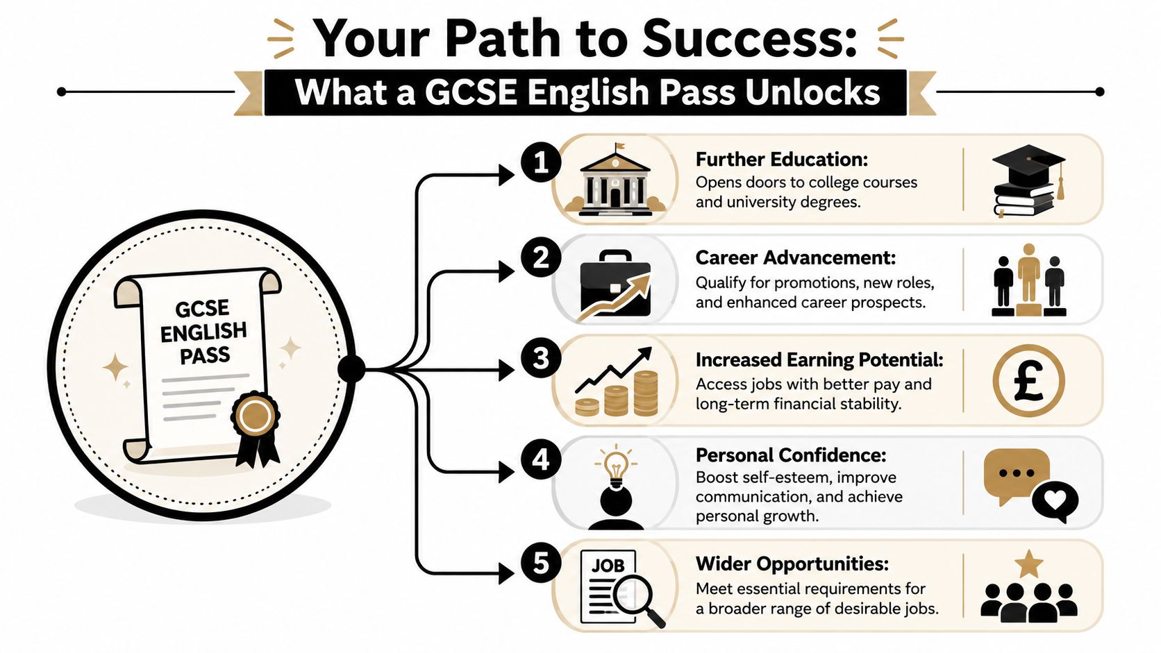 An infographic showing the five key benefits of passing a GCSE English exam for adult learners.