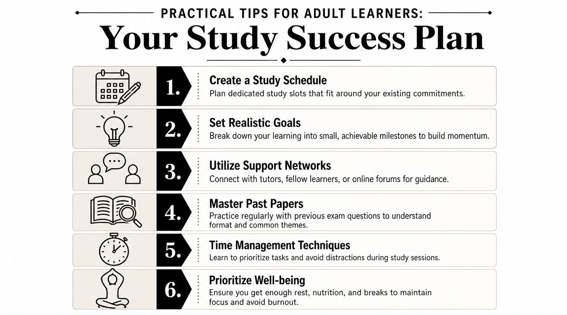 An infographic titled Your Study Success Plan showing six practical tips for adult learners with icons.