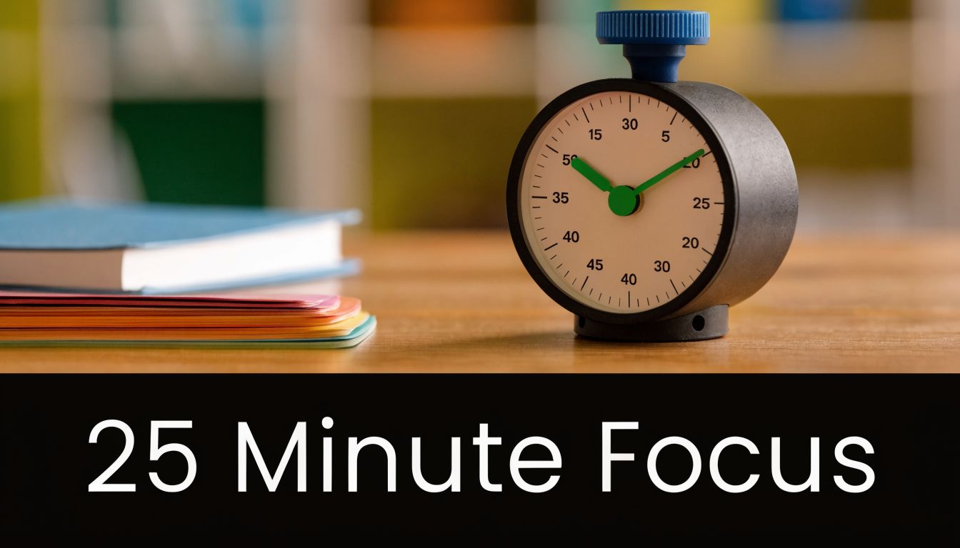 A Pomodoro timer set for twenty-five minutes resting on a wooden desk near a stack of notebooks.