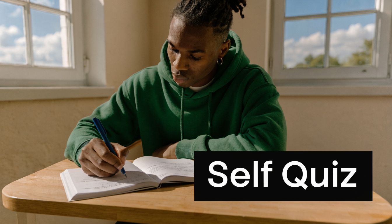 A focused student wearing a green hoodie writing in an open textbook for self-quiz revision.