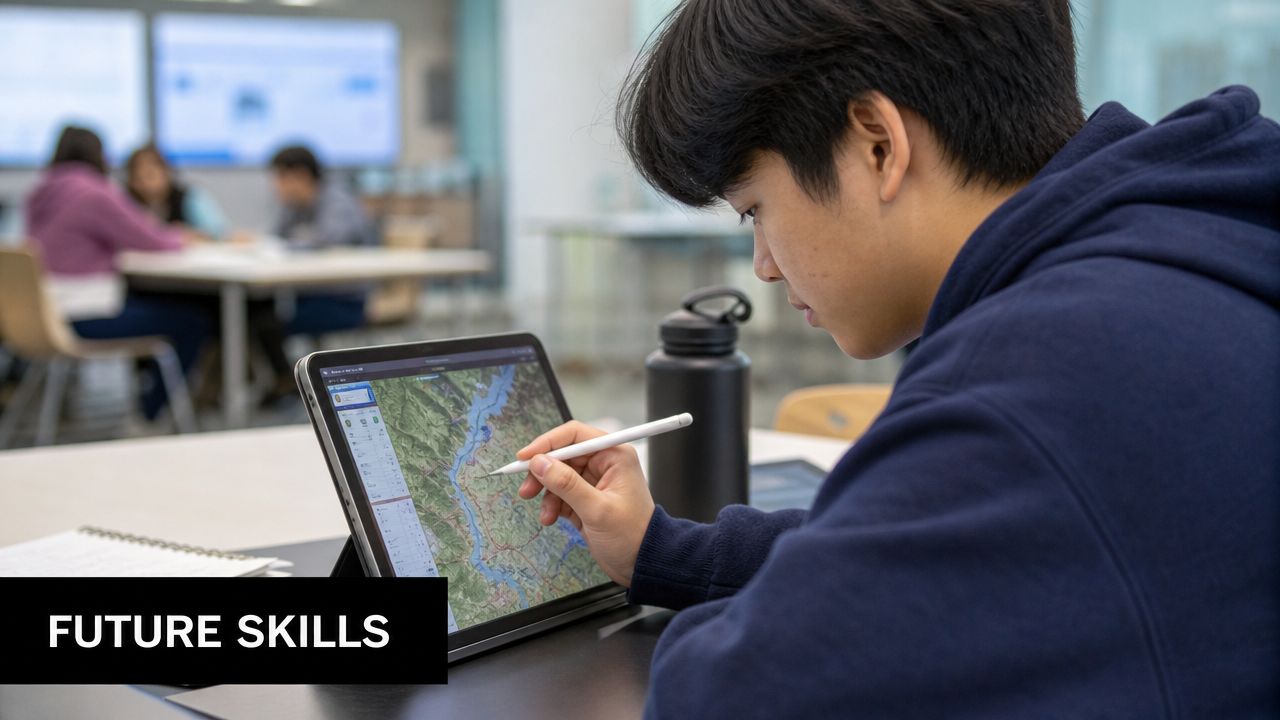 A student using a digital tablet and stylus to study geographical maps in a modern classroom setting.