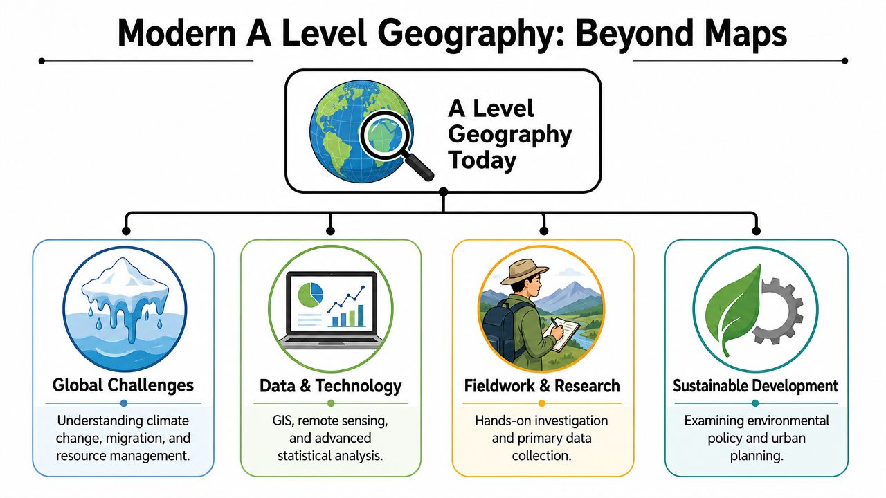 A diagram illustrating modern A Level Geography topics, including global challenges, data technology, fieldwork, and sustainable development.