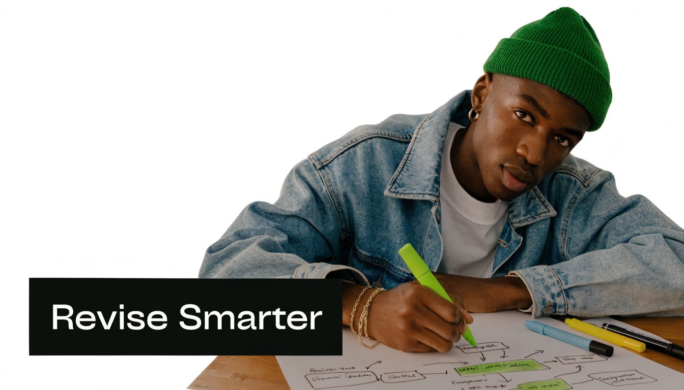 A young man wearing a denim jacket and green beanie writing on notes at a desk.