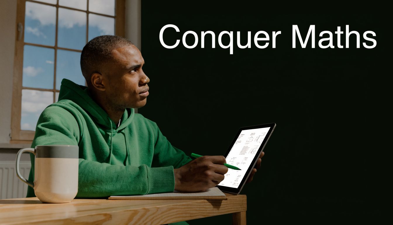 A student in a green hoodie looking thoughtful while studying mathematics on a digital tablet.