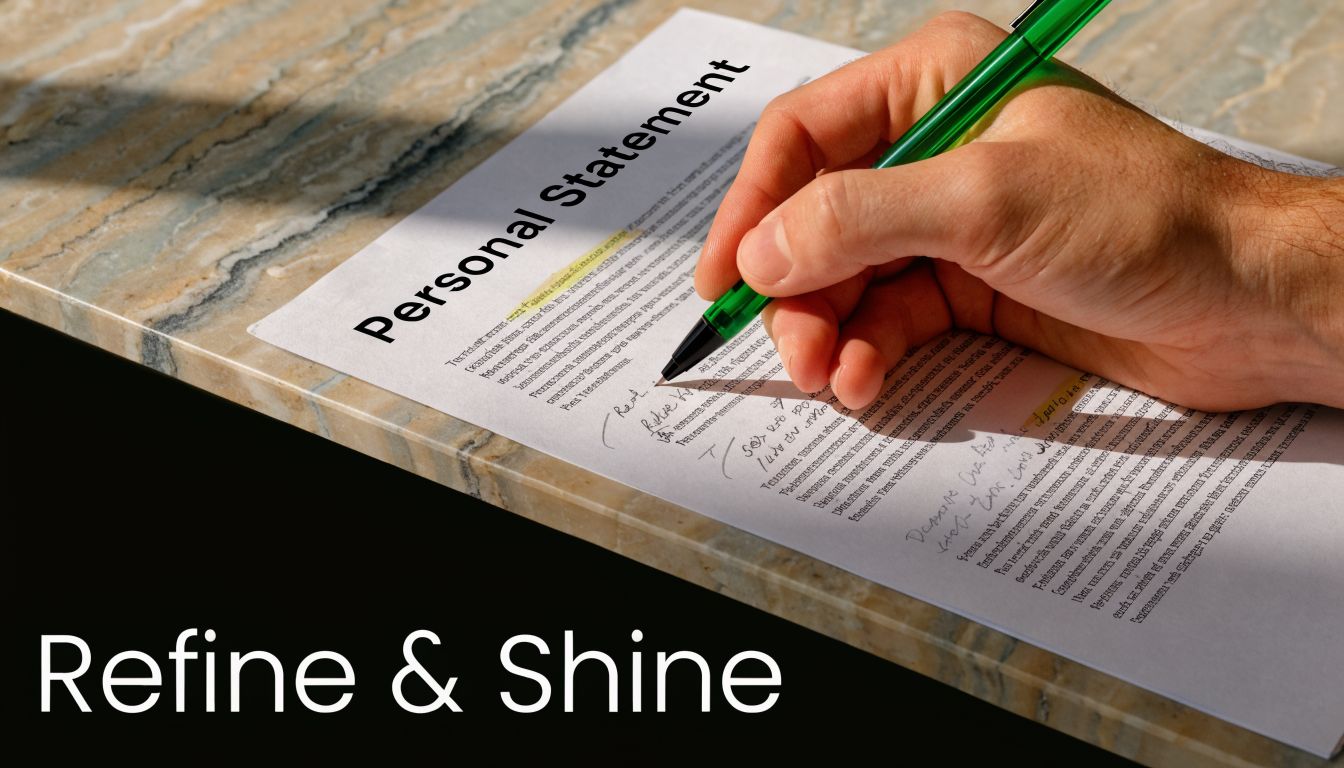 A close-up shot of a hand writing on a Personal Statement document with a green pen.