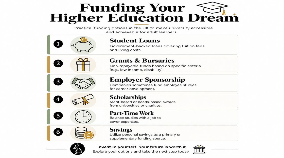 A helpful infographic listing six practical funding options for adult learners pursuing higher education in the UK.