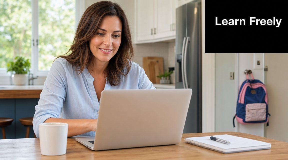 A woman smiling while using a laptop at a wooden table in a brightly lit home kitchen.