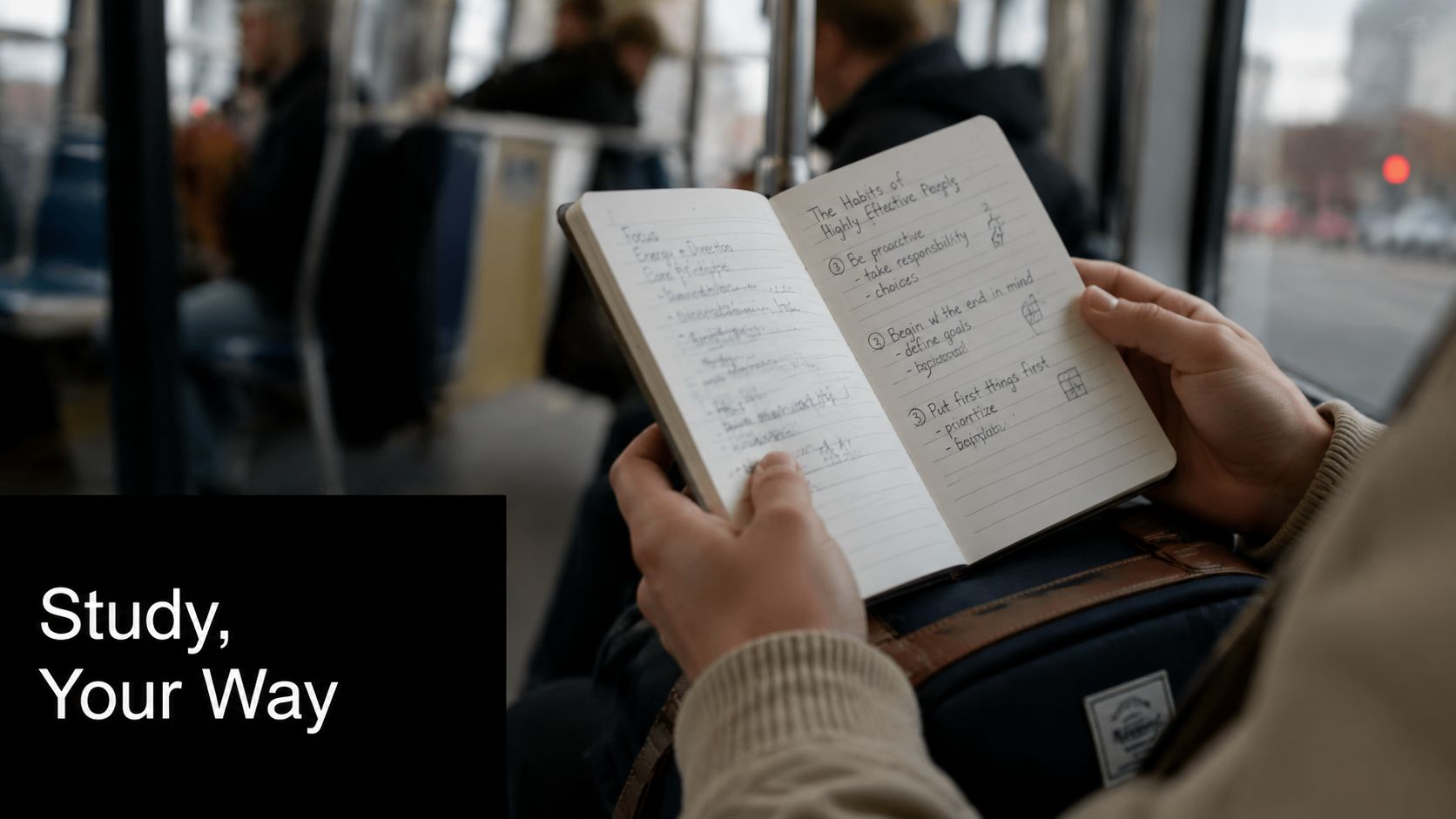 A student holding a notebook while reading about habits on a bus, reflecting flexible study habits.