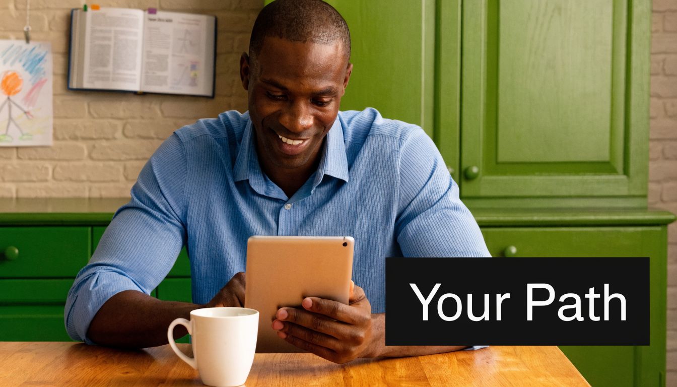A smiling man sits at a wooden table while using a digital tablet next to a coffee mug.