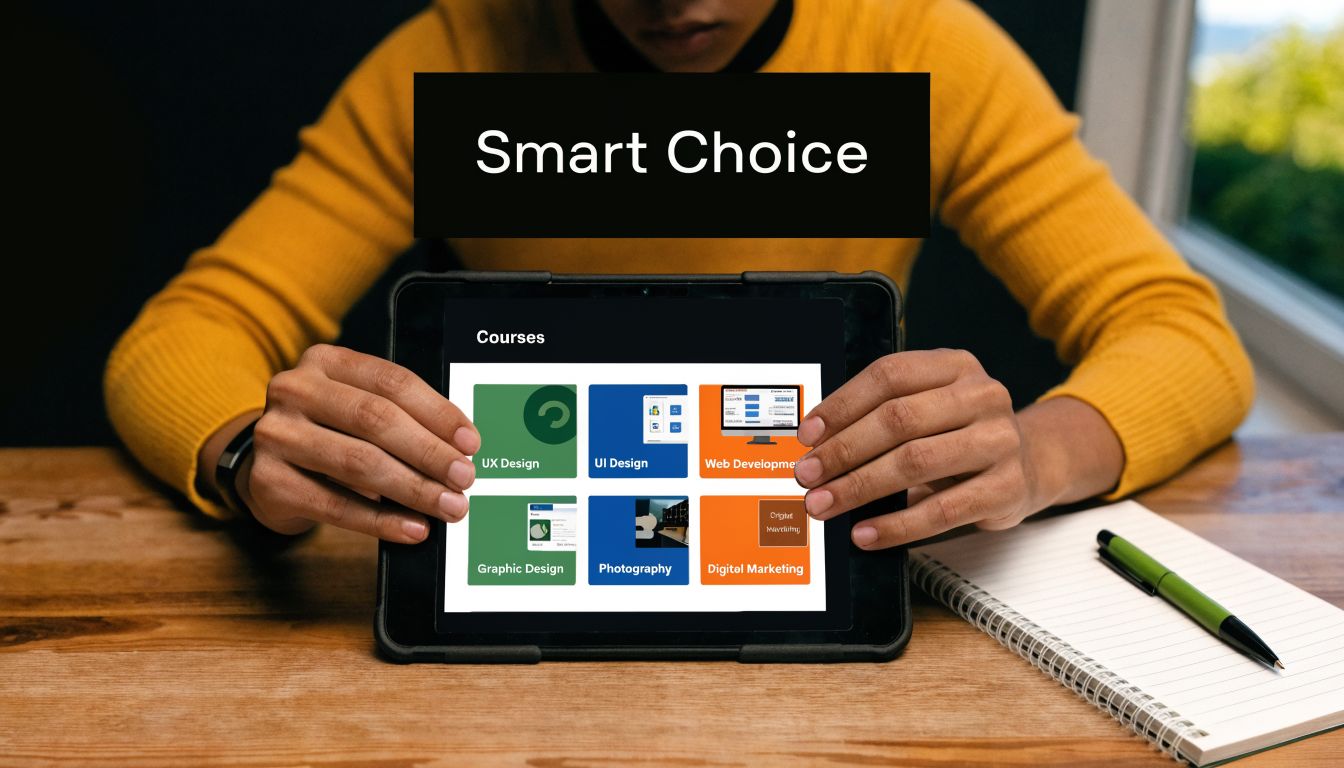 A person holding a tablet displaying various online courses including design, development, photography, and marketing subjects.