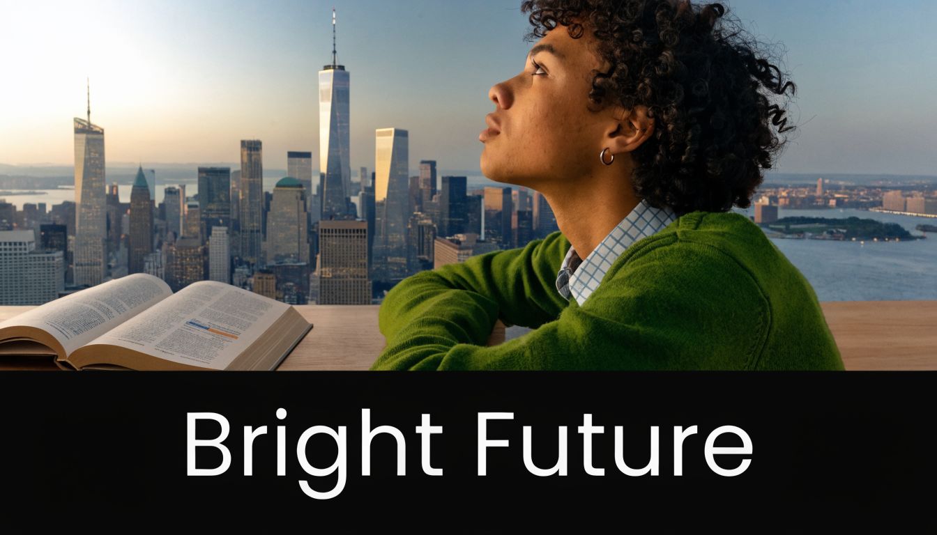 A young student looking towards a city skyline while studying with an open book at a desk.