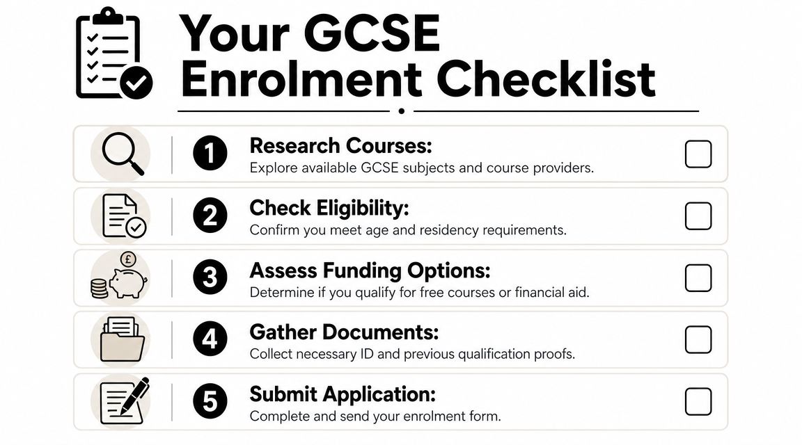 A five-step checklist for enrolling in GCSE courses, shown as an infographic with icons for each step.
