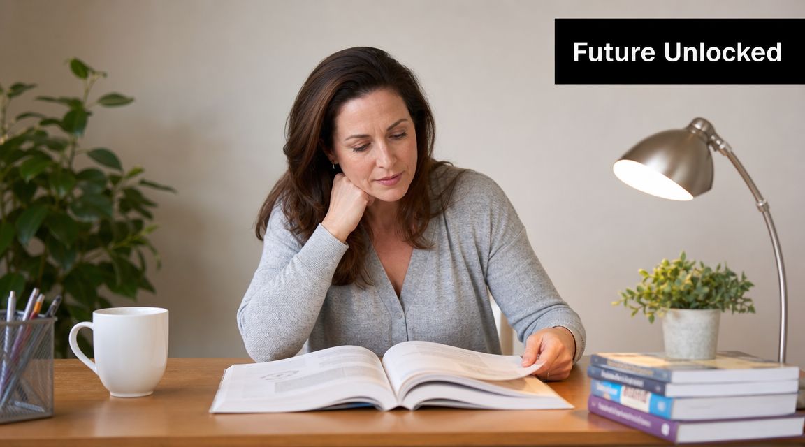 A middle-aged woman studying intently from an open textbook at a wooden desk with a desk lamp.