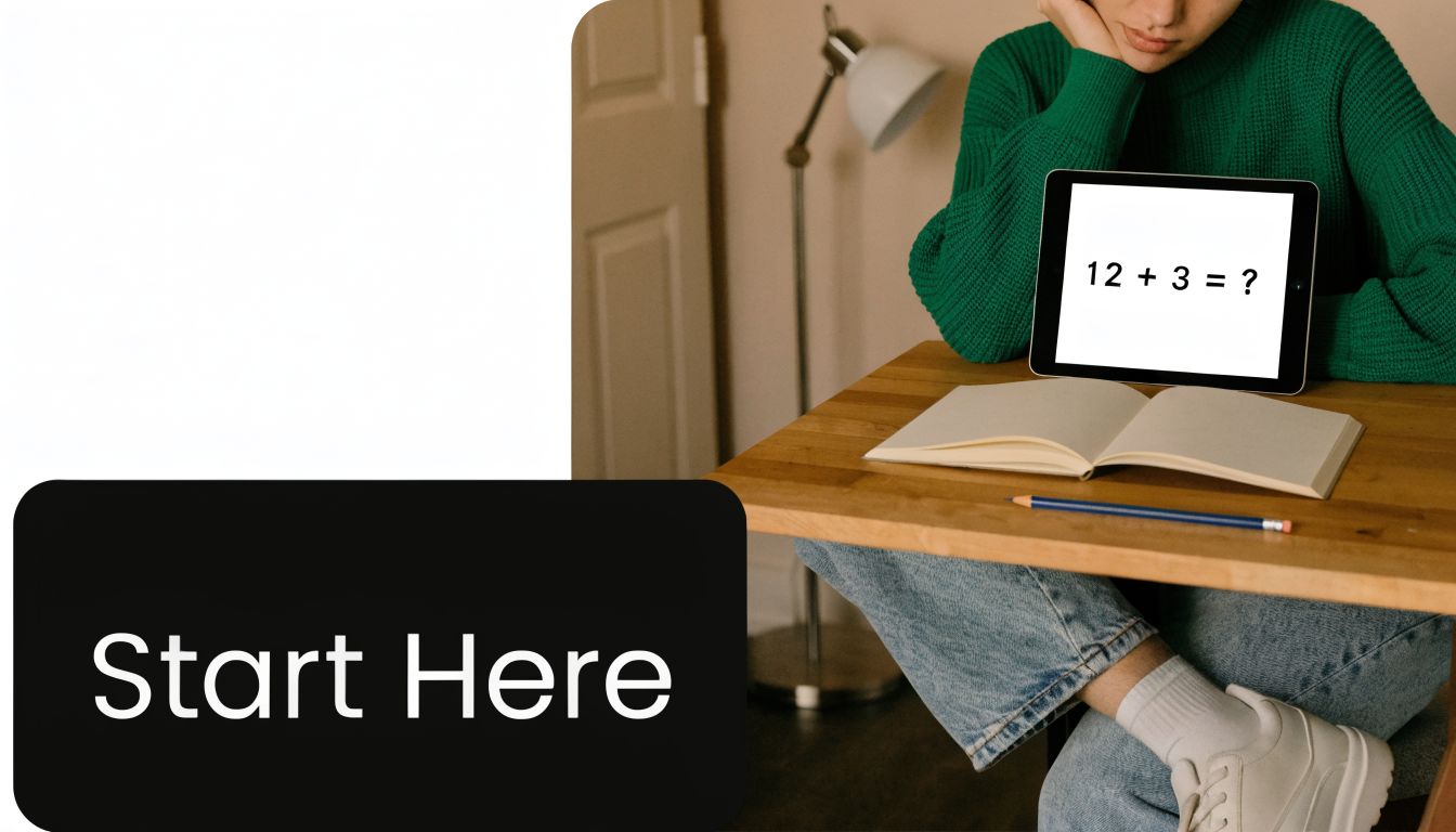 A student in a green sweater sits at a wooden desk with a math problem on a tablet.