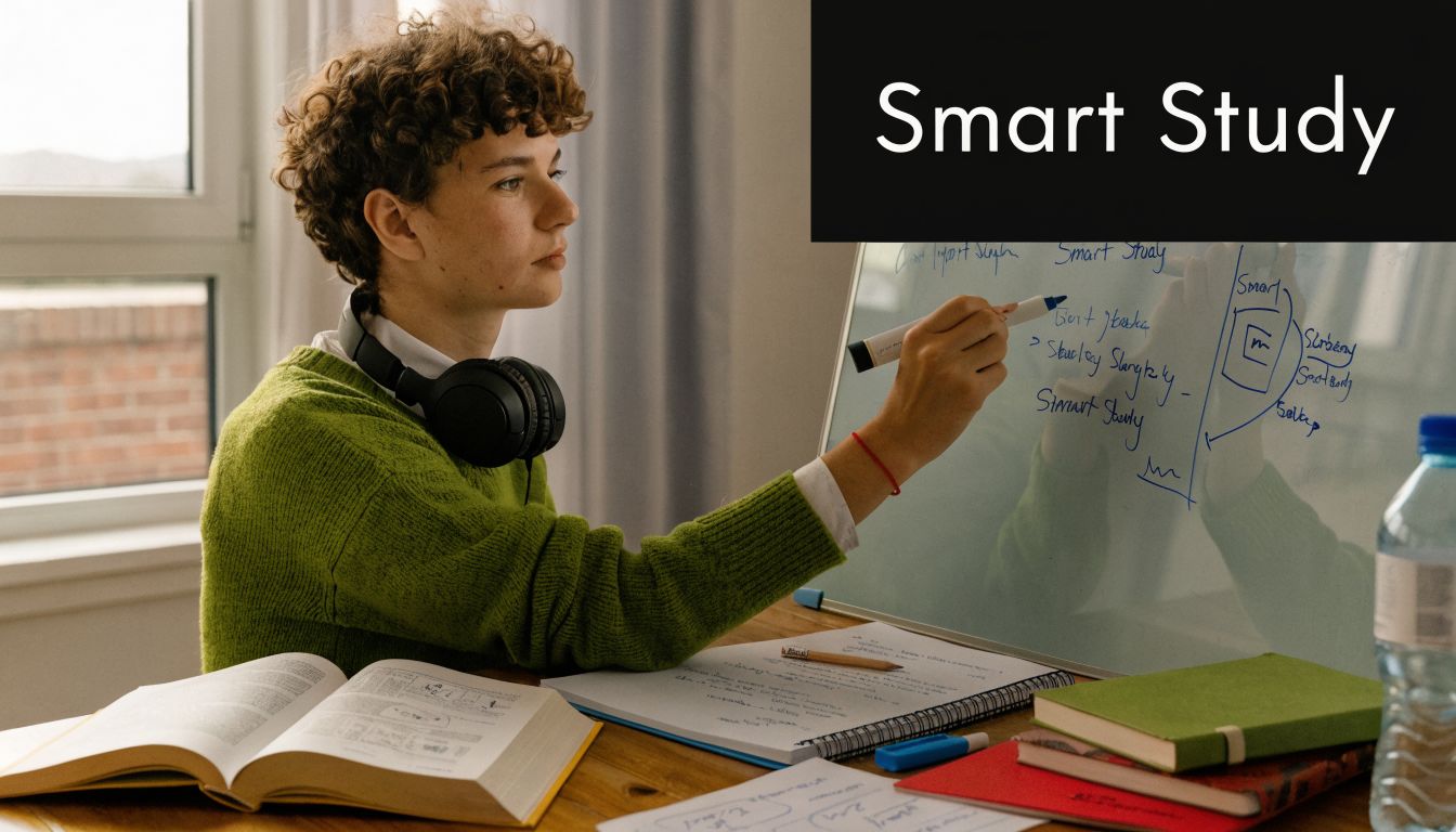 A young student wearing headphones and a green sweater writes notes on a whiteboard while studying.